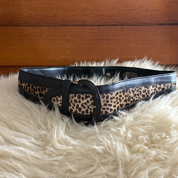 Black Leather/ Leopard Print Fur Wide Belt Made in Spain - Picture 3 of 5